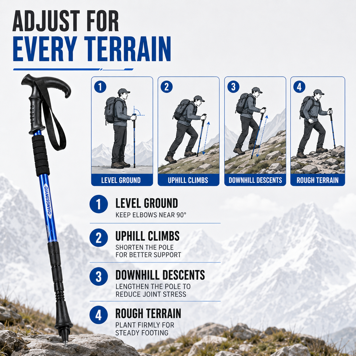 Inklapbare Telescopische Wandelstok Lichtgewicht Aluminium Trekkingstok met T-Handvat Verstelbaar 50-110 cm | Sulvida