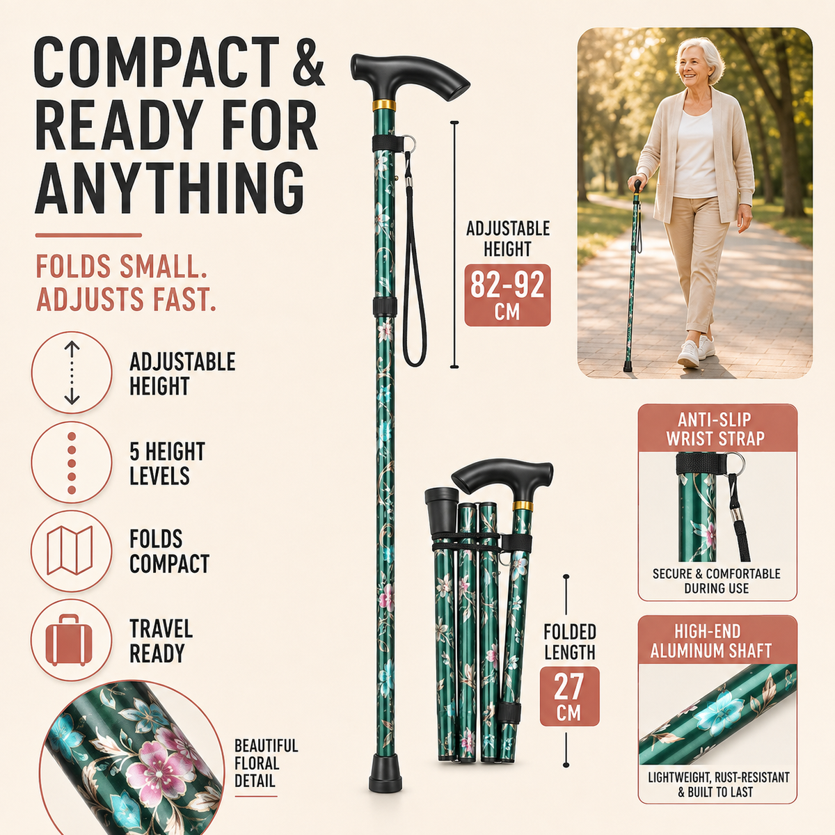 Inklapbare Wandelstok met Bloemendesign 82-92 cm Verstelbaar Lichtgewicht Aluminium Reisgrip Wandhulp | Sulvida