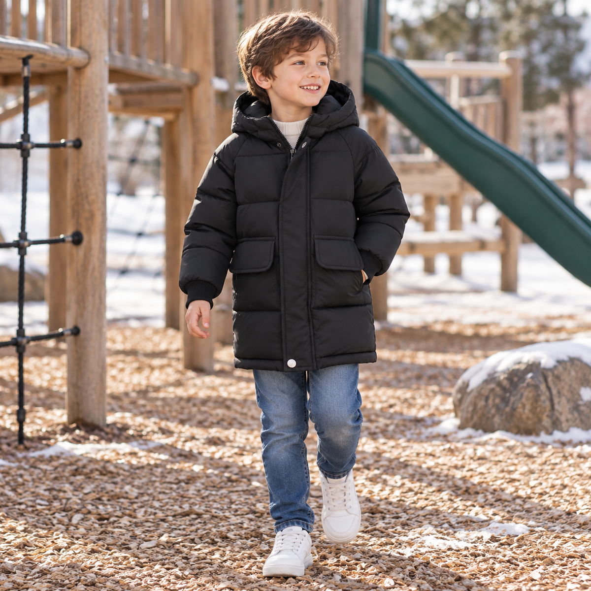 Gewatteerde Kinderwinterjas Lange Pufferjas Jongens Meisjes Warm met Capuchon Polyester Winterkleding Outdoorjas | Sulvida