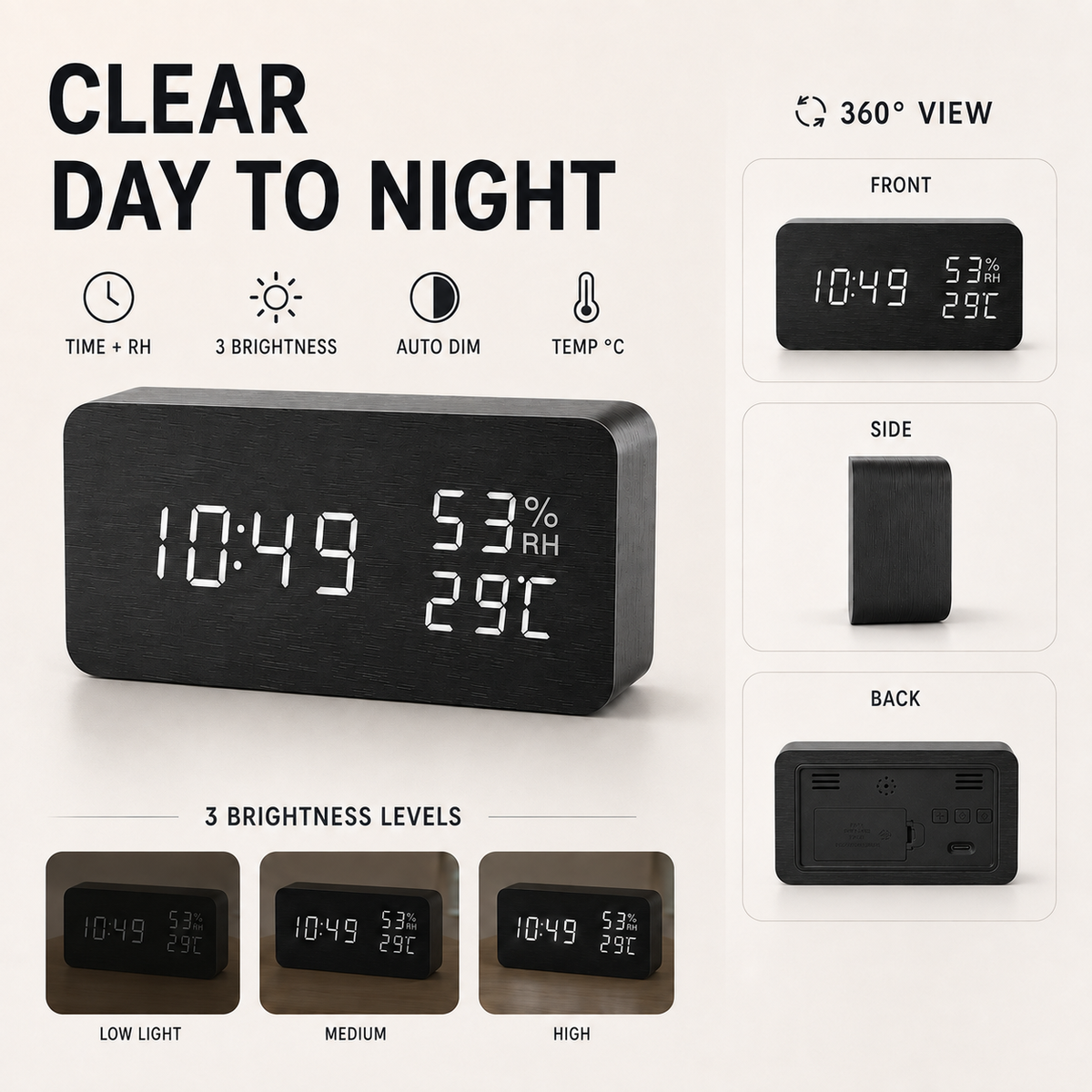 Digitale Houten Wekker LED met Temperatuur en Luchtvochtigheid Stemactivatie Nachtkastje Klok Bamboe | Sulvida