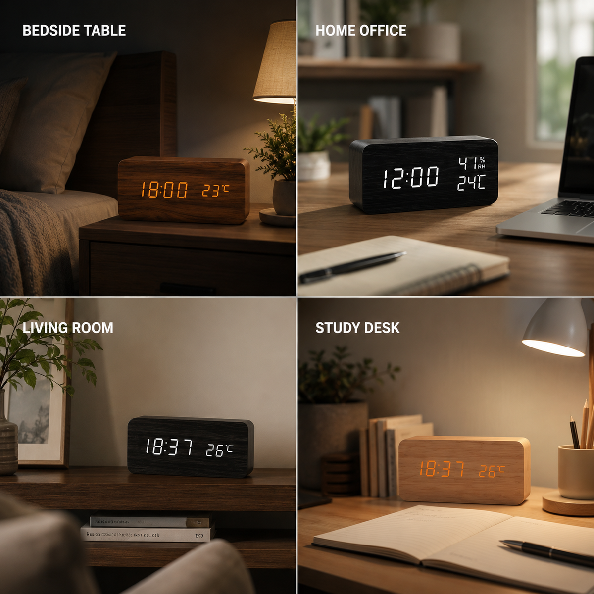 Digitale Houten Wekker LED met Temperatuur en Luchtvochtigheid Stemactivatie Nachtkastje Klok Bamboe | Sulvida