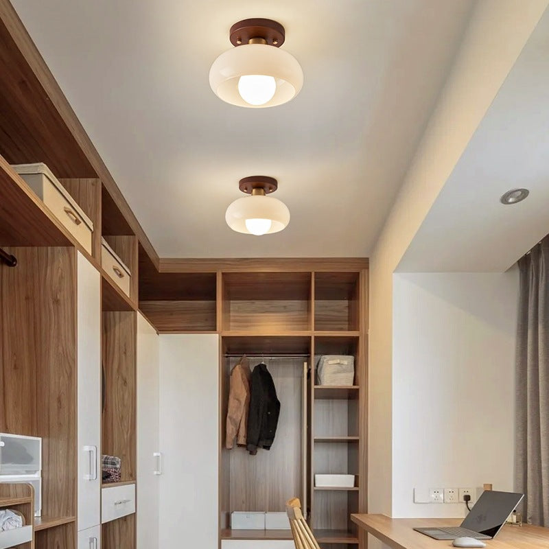 Plafondlamp Opaal Glas met Hout – Warm Licht E27 Ø20-28cm Bauhaus Design Scandinavisch Woonkamer Hal Slaapkamer | Sulvida