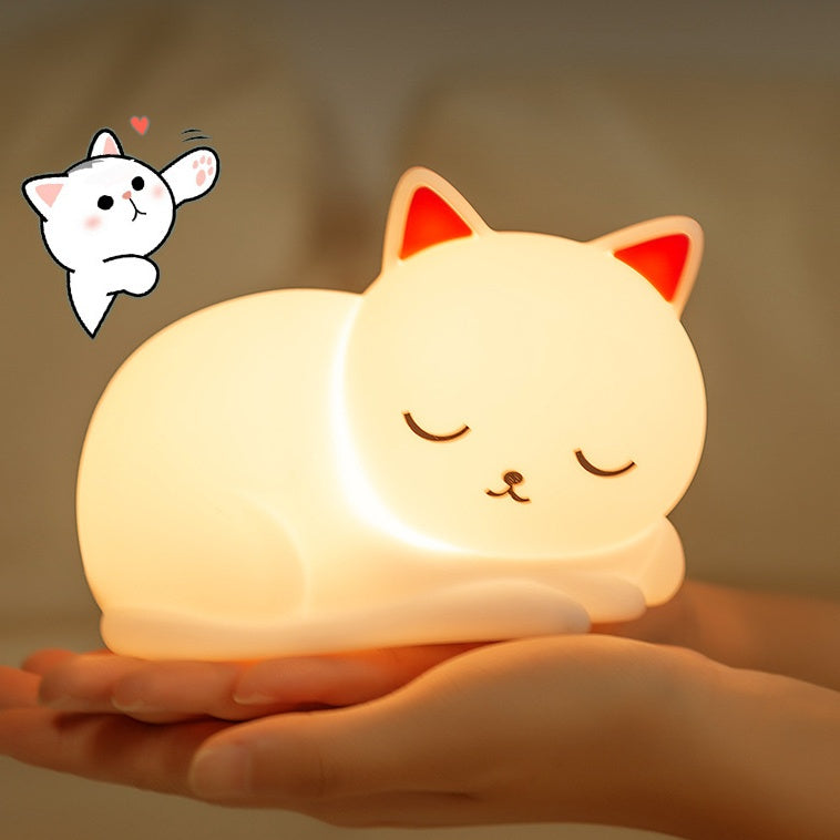 Katten Nachtlamp Siliconen Wit Roze Oortjes Dimbaar USB LED Kinder Sfeerlamp Babykamer Decoratie 15 × 8,5 × 11 cm | Sulvida