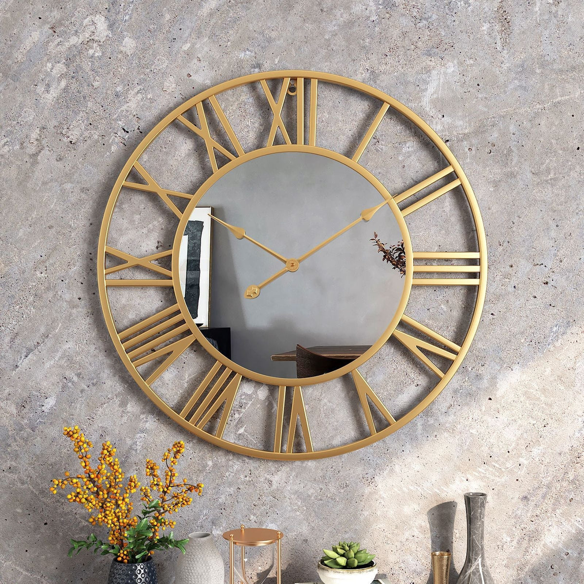 Vintage Metalen Wandklok met Spiegelaccenten Ø39cm Goud Zwart Industrieel Design Retro Woonkamer Decoratie | Sulvida