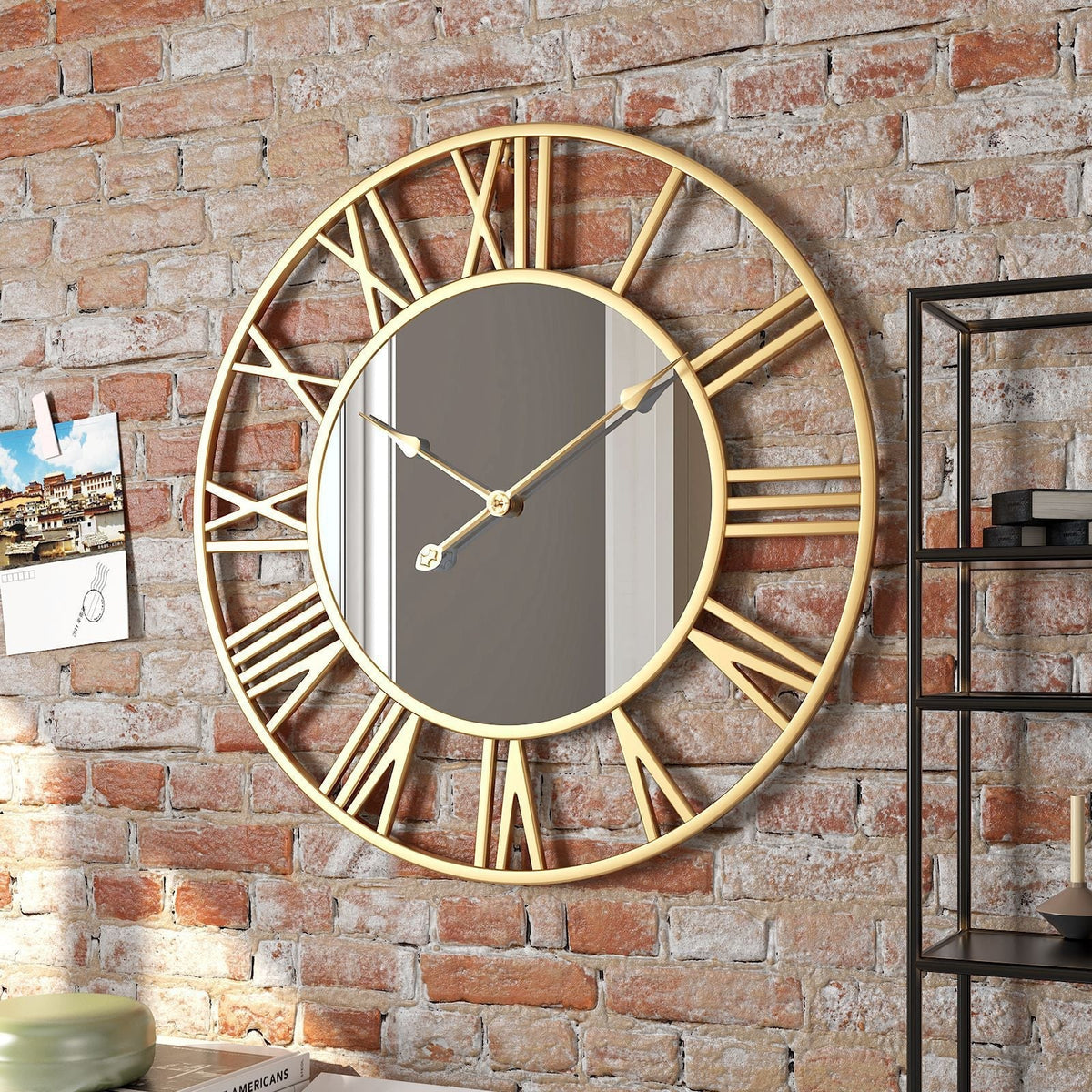 Vintage Metalen Wandklok met Spiegelaccenten Ø39cm Goud Zwart Industrieel Design Retro Woonkamer Decoratie | Sulvida