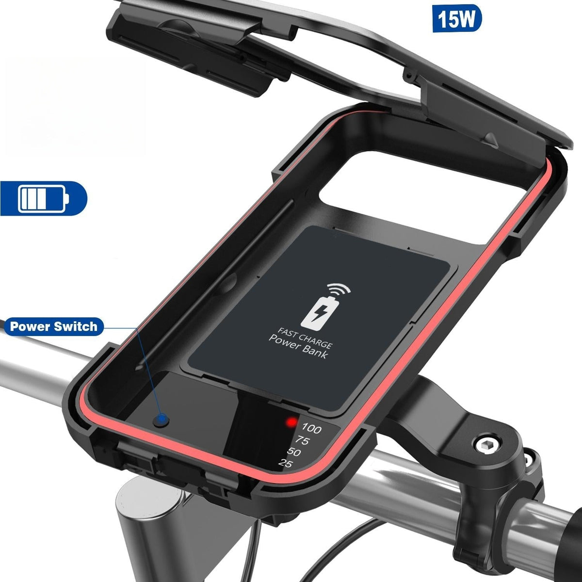 Waterdichte telefoonhouder fietsenstuur met oplaadmogelijkheid powerbank 5000 mAh 15W USB voor smartphone | Sulvida