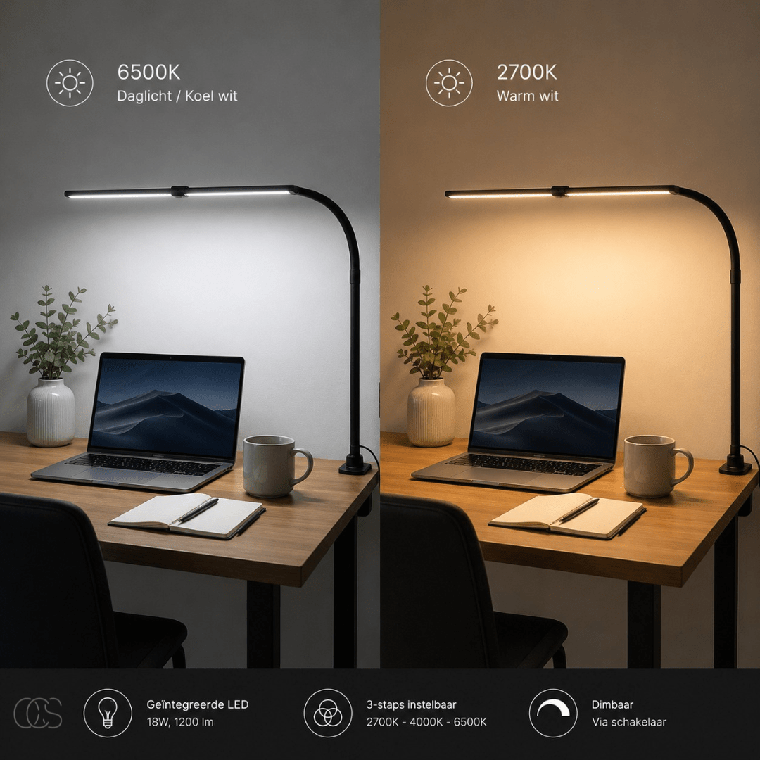 Dimbare bureaulamp zwart met flexibele arm en 3 lichtkleurstanden voor optimaal werkcomfort en productiviteit | Sulvida