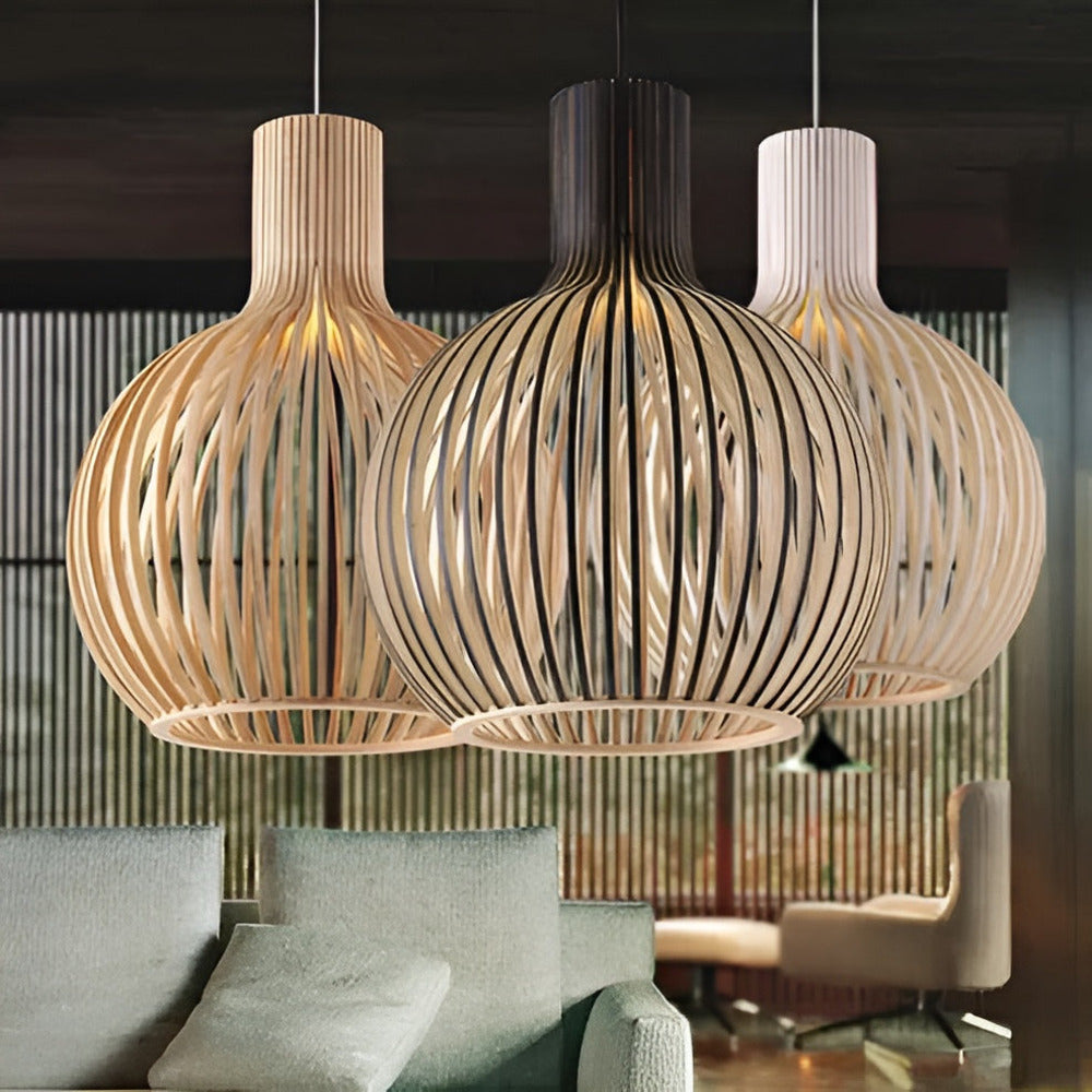 Houten hanglamp met gelaagde lamellen voor warme sfeerverlichting woonkamer eetkamer slaapkamer modern design | Sulvida