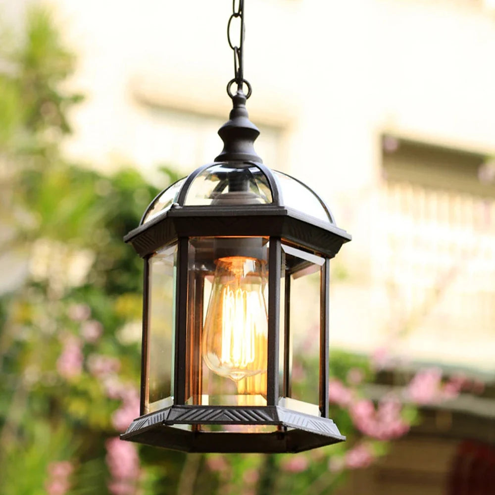 Zeshoekige hanglamp voor buiten helder glas metalen frame overdekt terras entree tuin buitenverlichting | Sulvida
