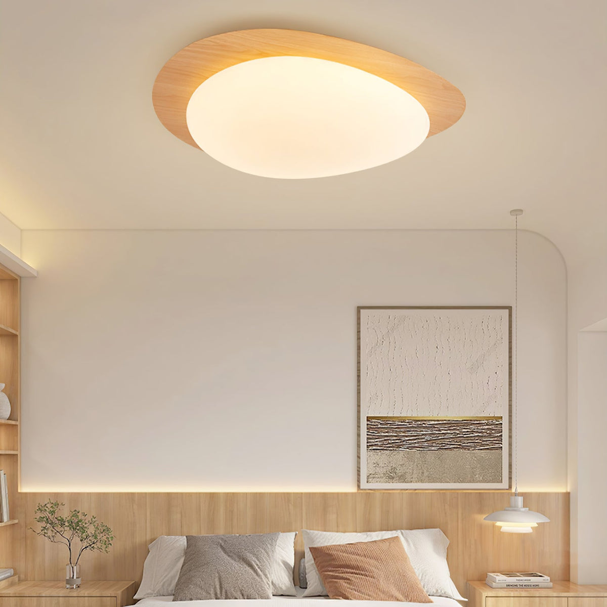 Plafondlamp Organisch Kiezelsteenvorm Houtstructuur Warm Licht Woonkamer Eetkamer Dimbaar Sfeervol Design | Sulvida