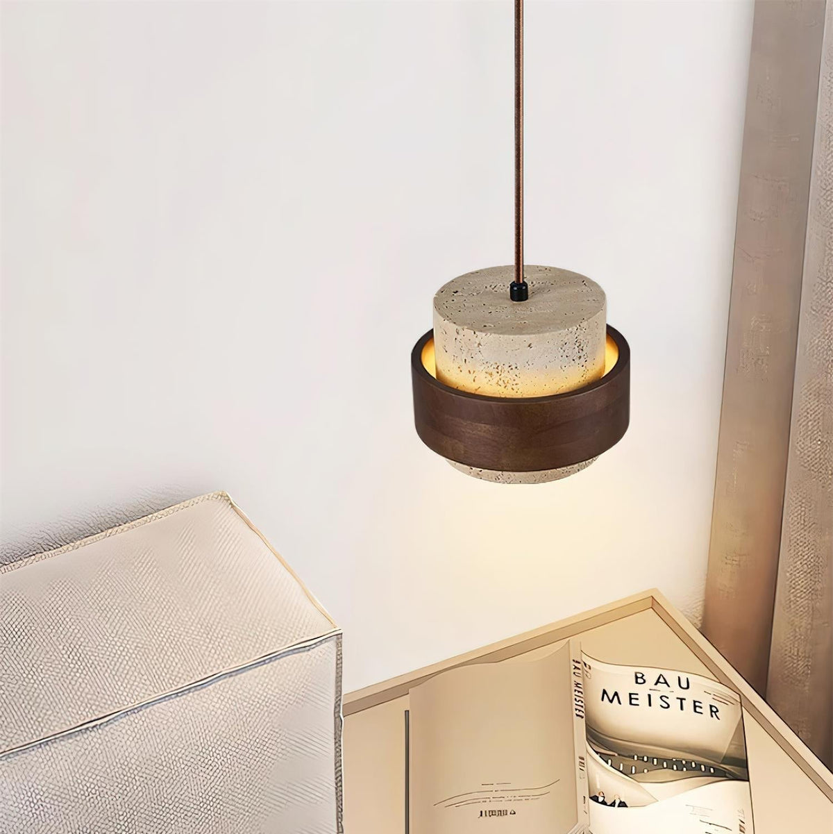 Hanglamp Travertijn Natuursteen Walnoothout Verstelbaar Eettafel Woonkamer Eetkamer Design Verlichting | Sulvida