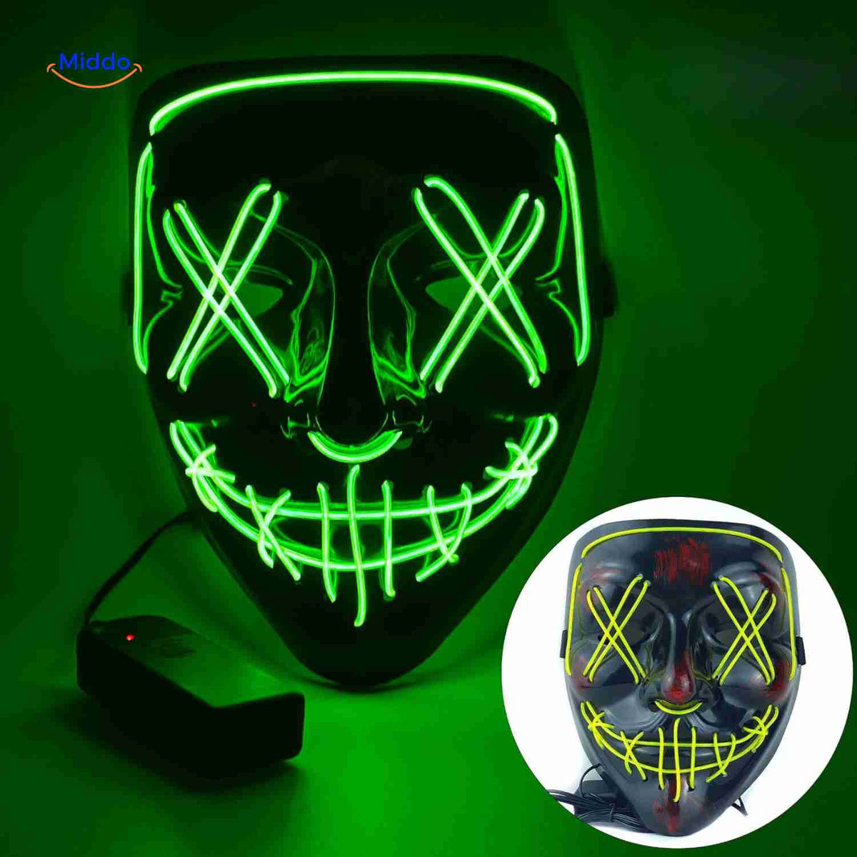 Lichtgevend LED-masker voor feesten en evenementen | Horror gezichtsmasker met EL-verlichting en aanpasbare bandjes | Sulvida
