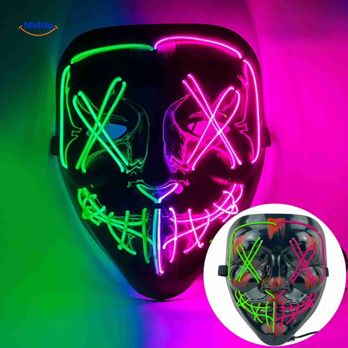 Lichtgevend LED-masker voor feesten en evenementen | Horror gezichtsmasker met EL-verlichting en aanpasbare bandjes | Sulvida