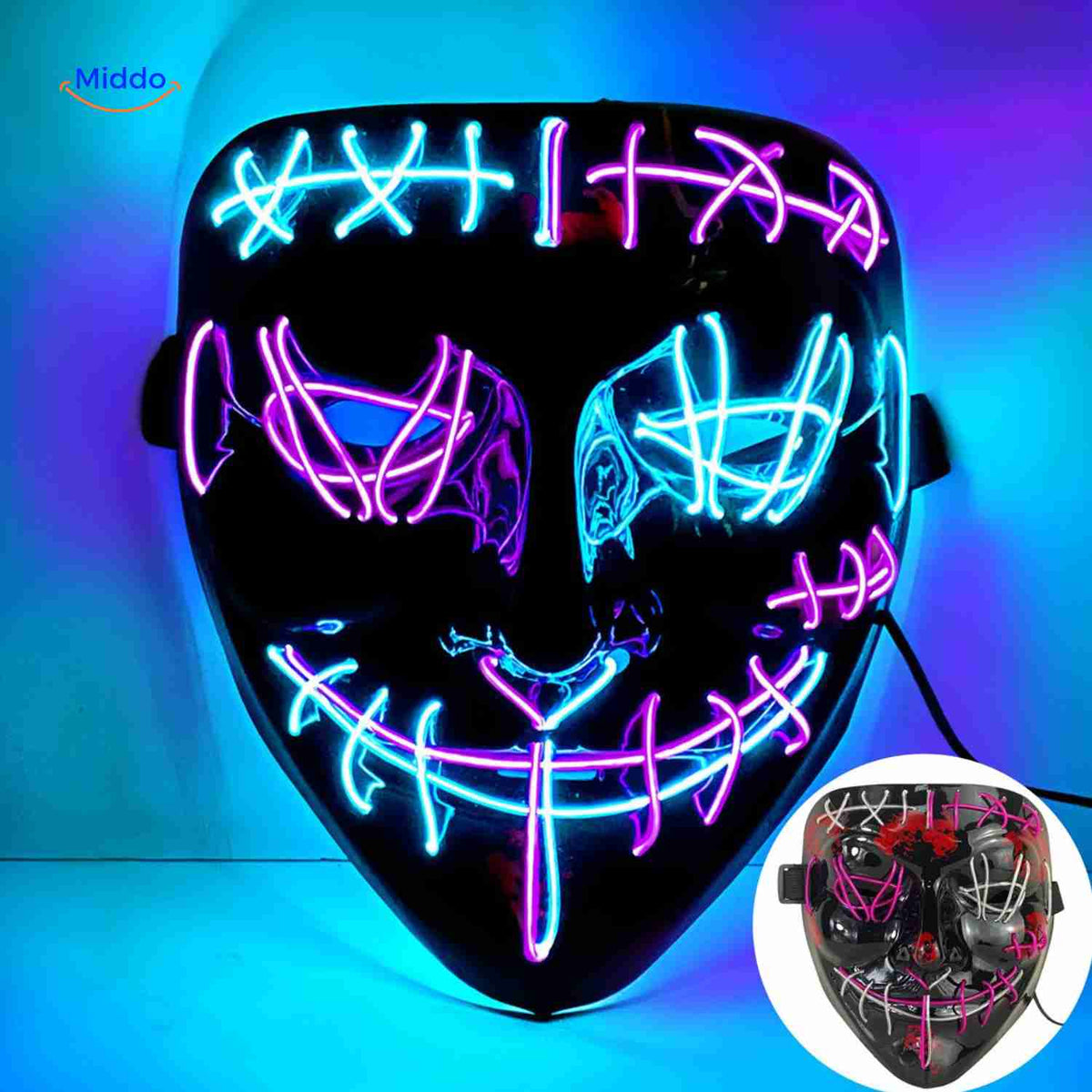 Lichtgevend LED-masker voor feesten en evenementen | Horror gezichtsmasker met EL-verlichting en aanpasbare bandjes | Sulvida