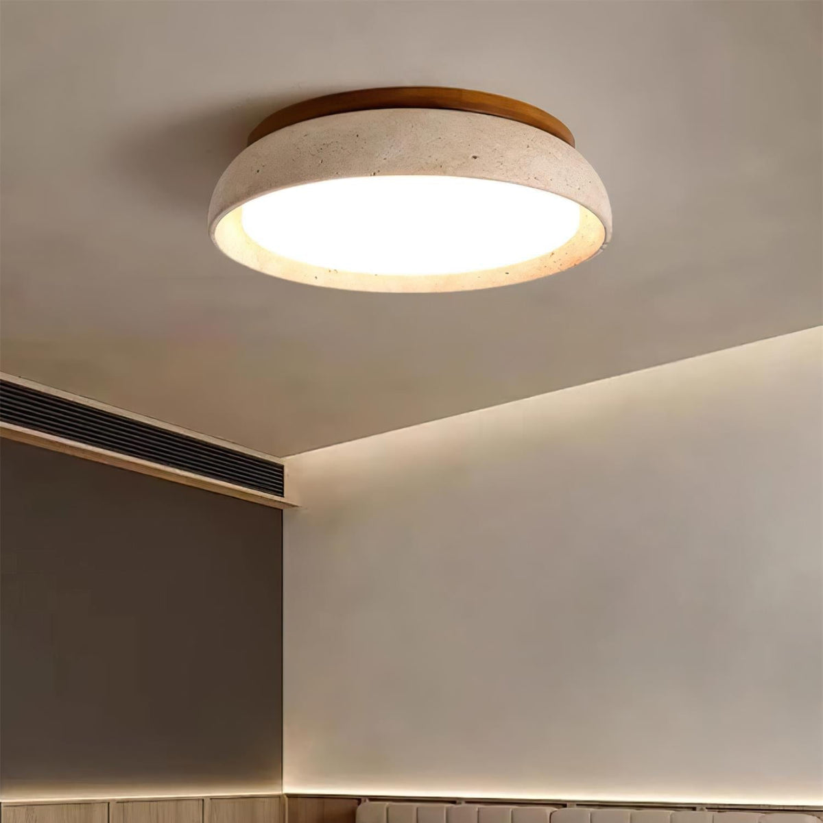 Plafondlamp natuursteen travertijn hout rond warm wit 3 maten modern design woonkamer slaapkamer hal | Sulvida