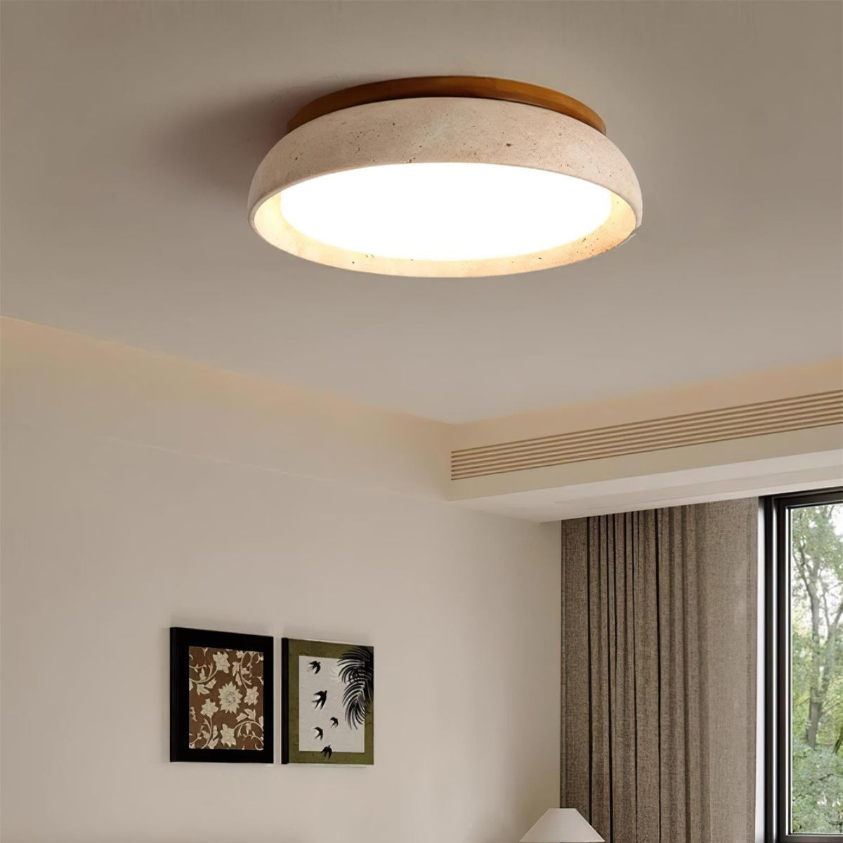 Plafondlamp natuursteen travertijn hout rond warm wit 3 maten modern design woonkamer slaapkamer hal | Sulvida