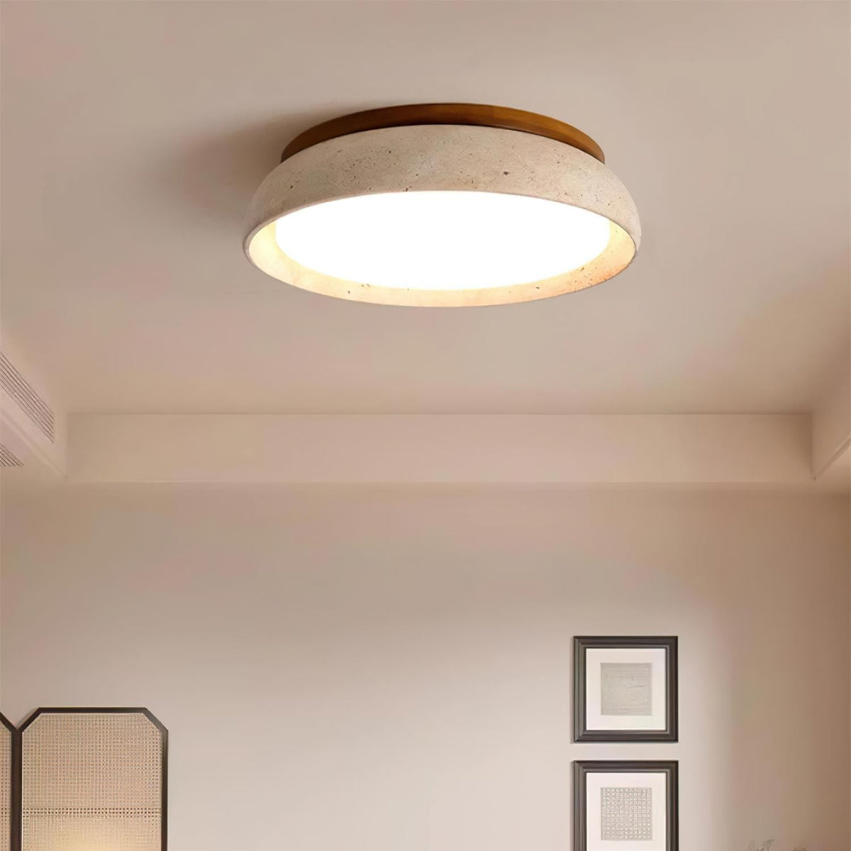 Plafondlamp natuursteen travertijn hout rond warm wit 3 maten modern design woonkamer slaapkamer hal | Sulvida