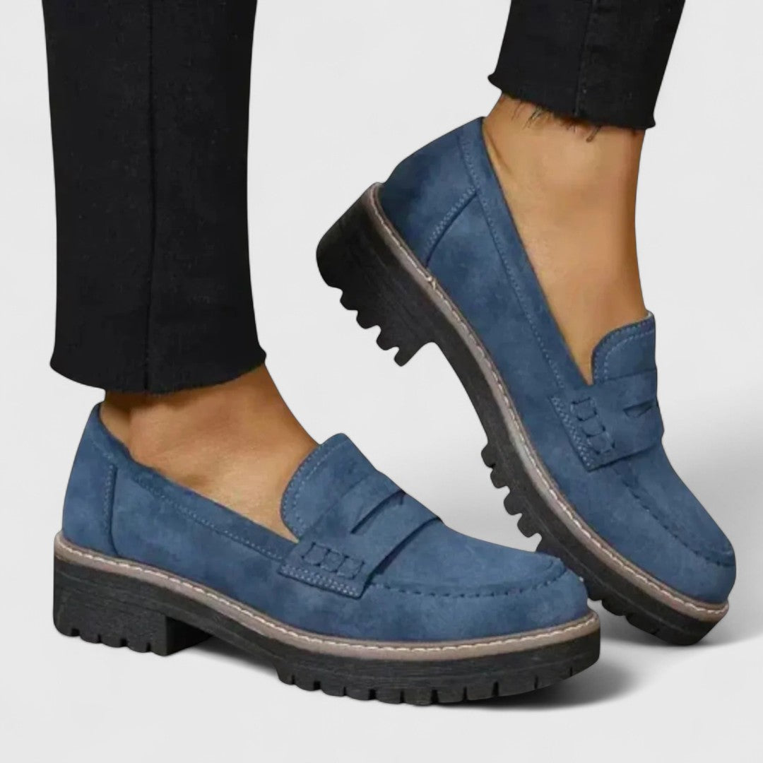 Mocassins à semelle plateforme et à grosse semelle crantée pour femme, style loafer avec bride penny, confort décontracté, noir rose | Sulvida