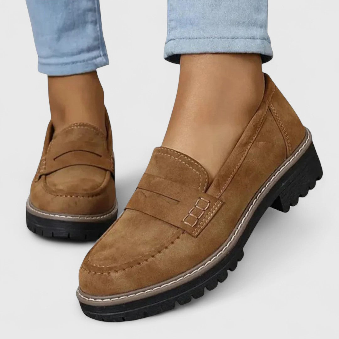 Mocassins à semelle plateforme et à grosse semelle crantée pour femme, style loafer avec bride penny, confort décontracté, noir rose | Sulvida