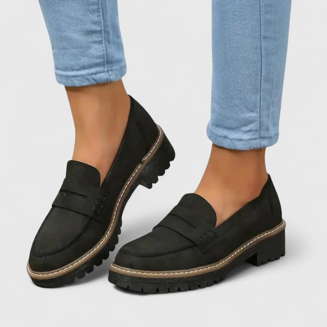 Mocassins à semelle plateforme et à grosse semelle crantée pour femme, style loafer avec bride penny, confort décontracté, noir rose | Sulvida