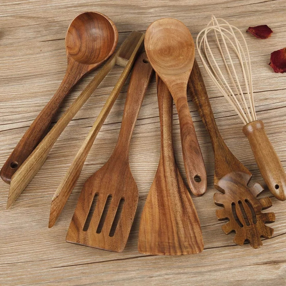 Houten Keukengerei Set 7-Delig Teakhout Hittebestendig Antiaanbak Kookgereedschap Duurzaam Keukenset | Sulvida
