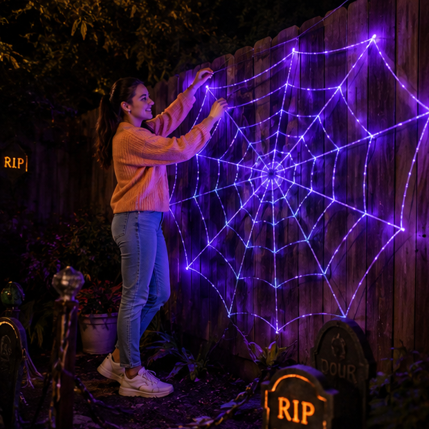 LED Spinnenweb Verlichting Paars 360cm Halloween Decoratie Binnen Buiten Sfeerverlichting Feestversiering | Sulvida
