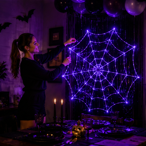LED Spinnenweb Verlichting Paars 360cm Halloween Decoratie Binnen Buiten Sfeerverlichting Feestversiering | Sulvida