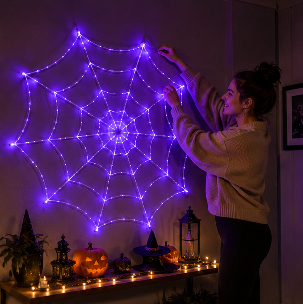 LED Spinnenweb Verlichting Paars 360cm Halloween Decoratie Binnen Buiten Sfeerverlichting Feestversiering | Sulvida