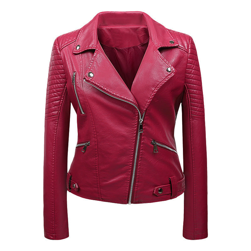 Leren Bikerjack Dames met Doorgestikte Mouwen Diagonale Rits Motorjack Zwart Beige Rood Bruin Echt Leer | Sulvida