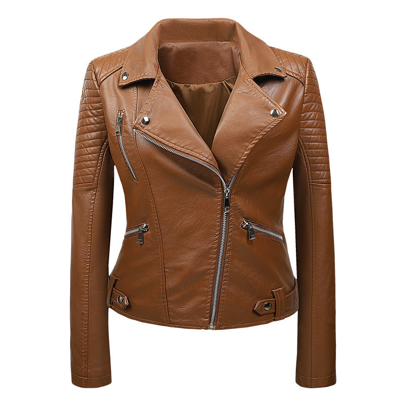 Leren Bikerjack Dames met Doorgestikte Mouwen Diagonale Rits Motorjack Zwart Beige Rood Bruin Echt Leer | Sulvida