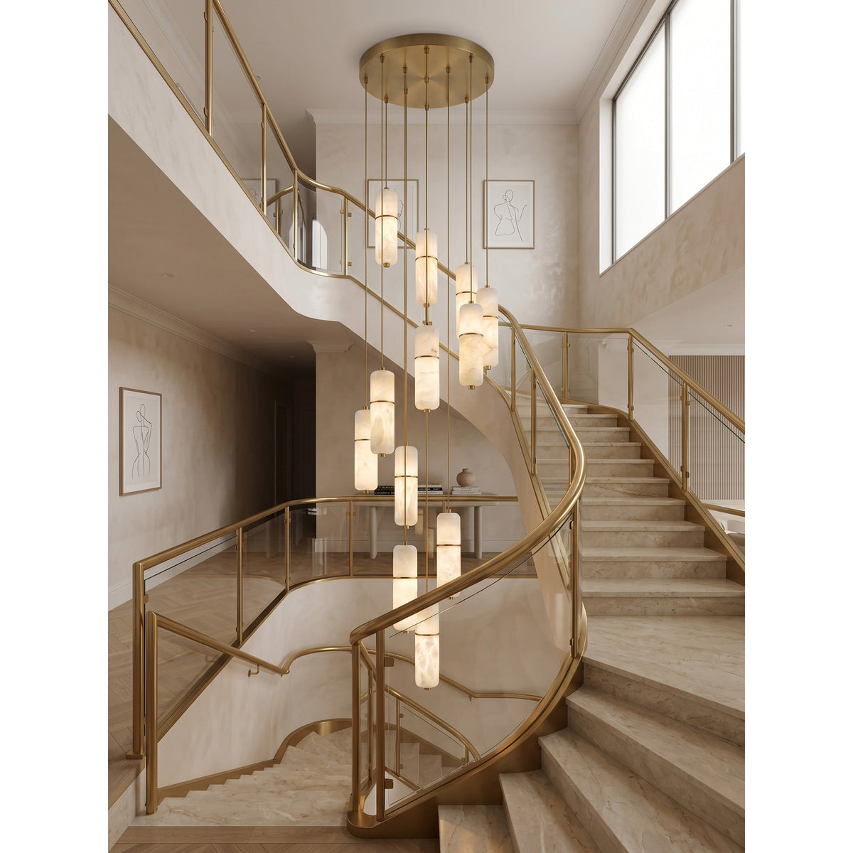 Hanglamp Messing Albast Kroonluchter LED Verlichting Trap Hal Woonkamer Eetkamer Verstelbare Hoogte Modern | Sulvida