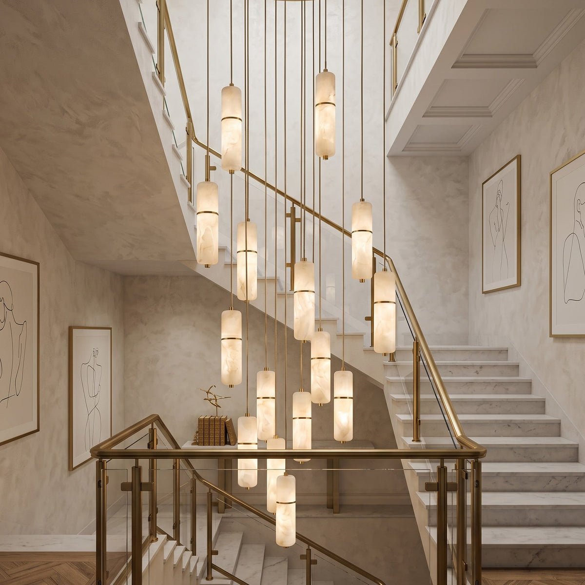 Hanglamp Messing Albast Kroonluchter LED Verlichting Trap Hal Woonkamer Eetkamer Verstelbare Hoogte Modern | Sulvida