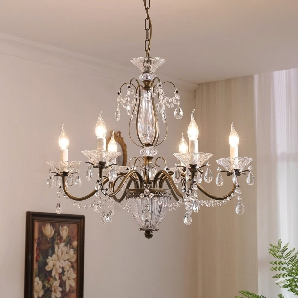 Kristallen Kroonluchter met Glazen Kappen Goudkleurig Ijzeren Frame Verstelbare Ketting Luxe Eetkamer Verlichting | Sulvida