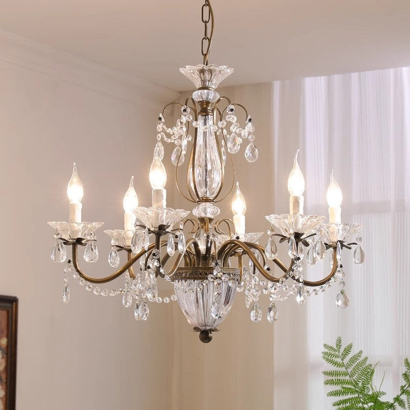 Kristallen Kroonluchter met Glazen Kappen Goudkleurig Ijzeren Frame Verstelbare Ketting Luxe Eetkamer Verlichting | Sulvida