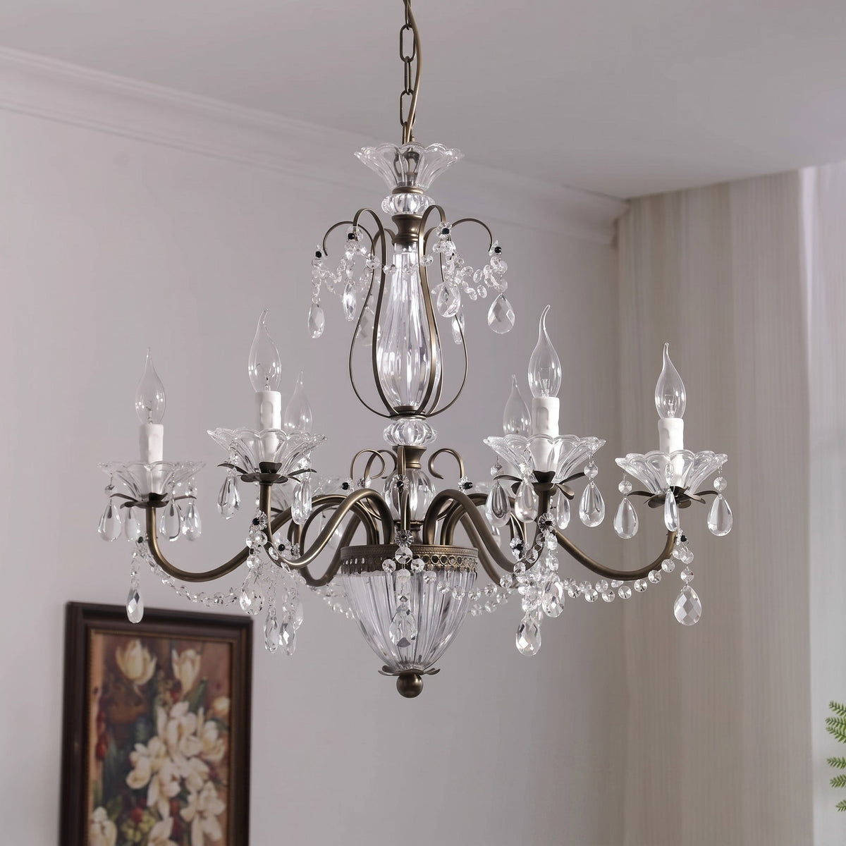 Kristallen Kroonluchter met Glazen Kappen Goudkleurig Ijzeren Frame Verstelbare Ketting Luxe Eetkamer Verlichting | Sulvida