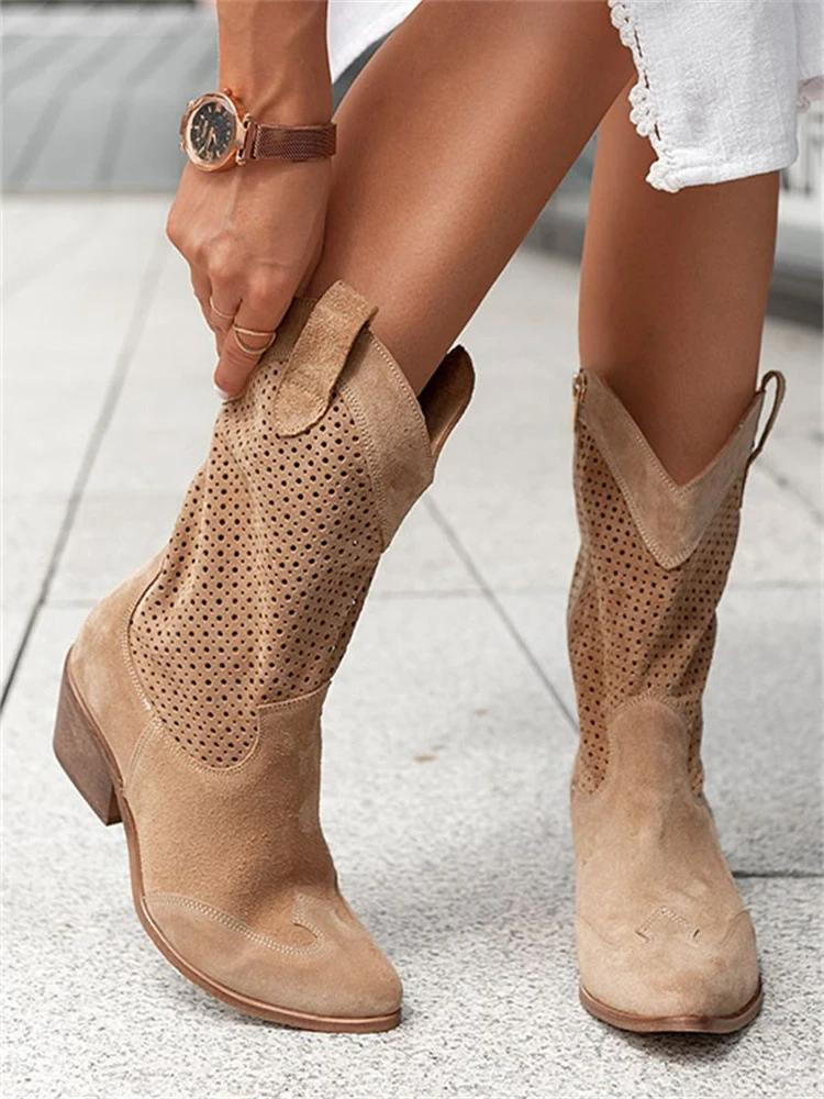 Leren dames laarzen mid-calf western stijl met comfortvoering en rits bruin zwart wit voor dagelijks gebruik | Sulvida