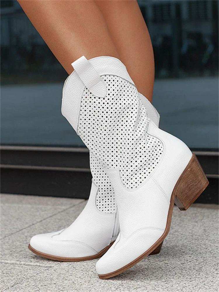 Leren dames laarzen mid-calf western stijl met comfortvoering en rits bruin zwart wit voor dagelijks gebruik | Sulvida