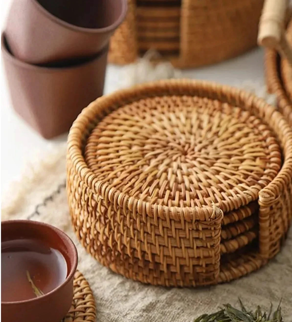 Handgeweven Bamboe Onderzetters Set van 4 Natuurlijke Coasters Rustiek Interieur Duurzaam Tafelaccessoire | Sulvida