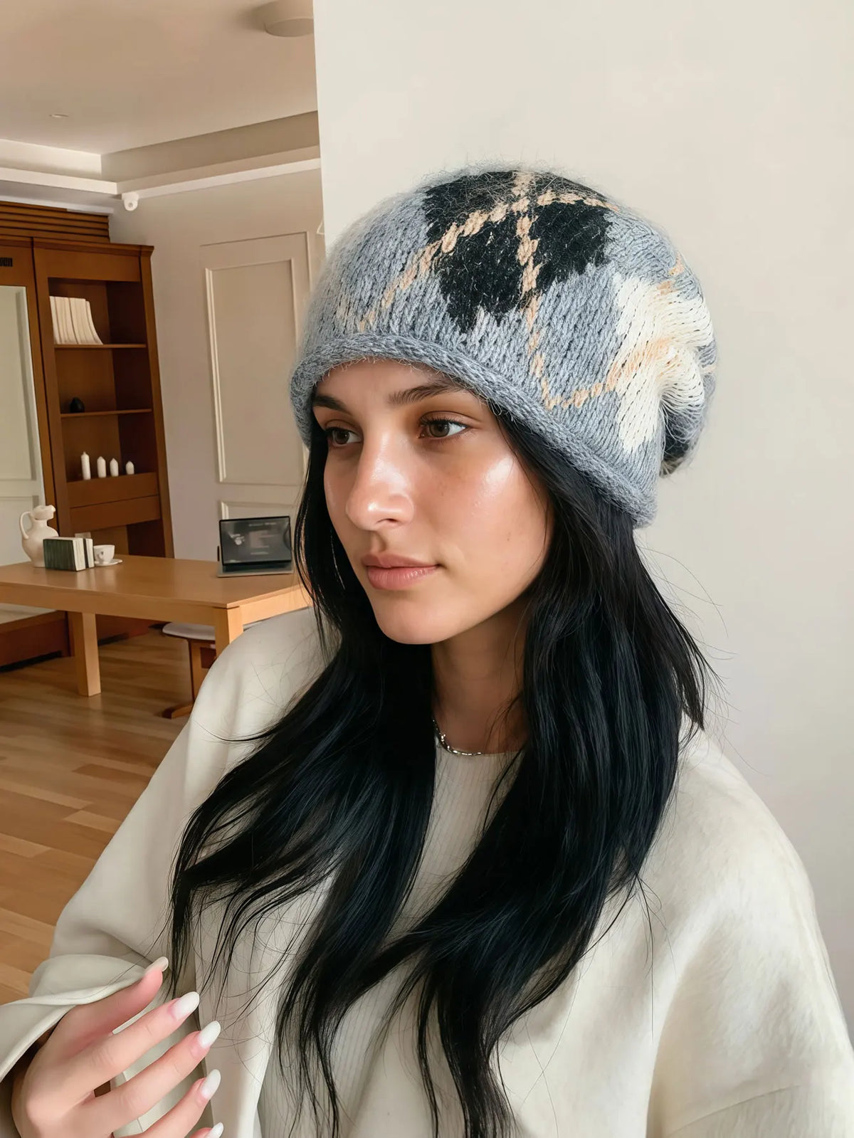 Gebreide Wintermuts met Oorkleppen Diamantruit Patroon Unisex Warme Hoofdbedekking Retro Vintage Stijl | Sulvida