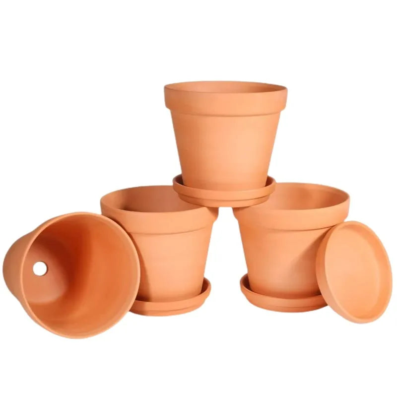Lot de 4 pots de fleurs en terre cuite avec soucoupe et drainage, 10 cm, décoratifs pour plantes d’intérieur et d’extérieur | Sulvida