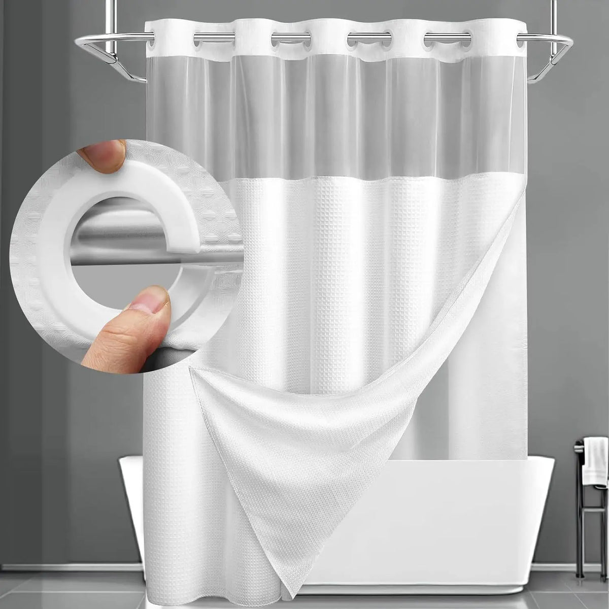 Douchegordijn zonder ringen polyester wafeldoek met ingebouwde liner badkamer waterdicht grijs wit modern | Sulvida
