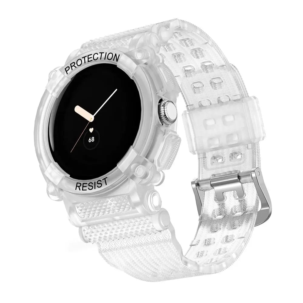 Bracelet de montre avec coque de protection pour Pixel Watch et Pixel Watch 2 sport en silicone hybride noir | Sulvida