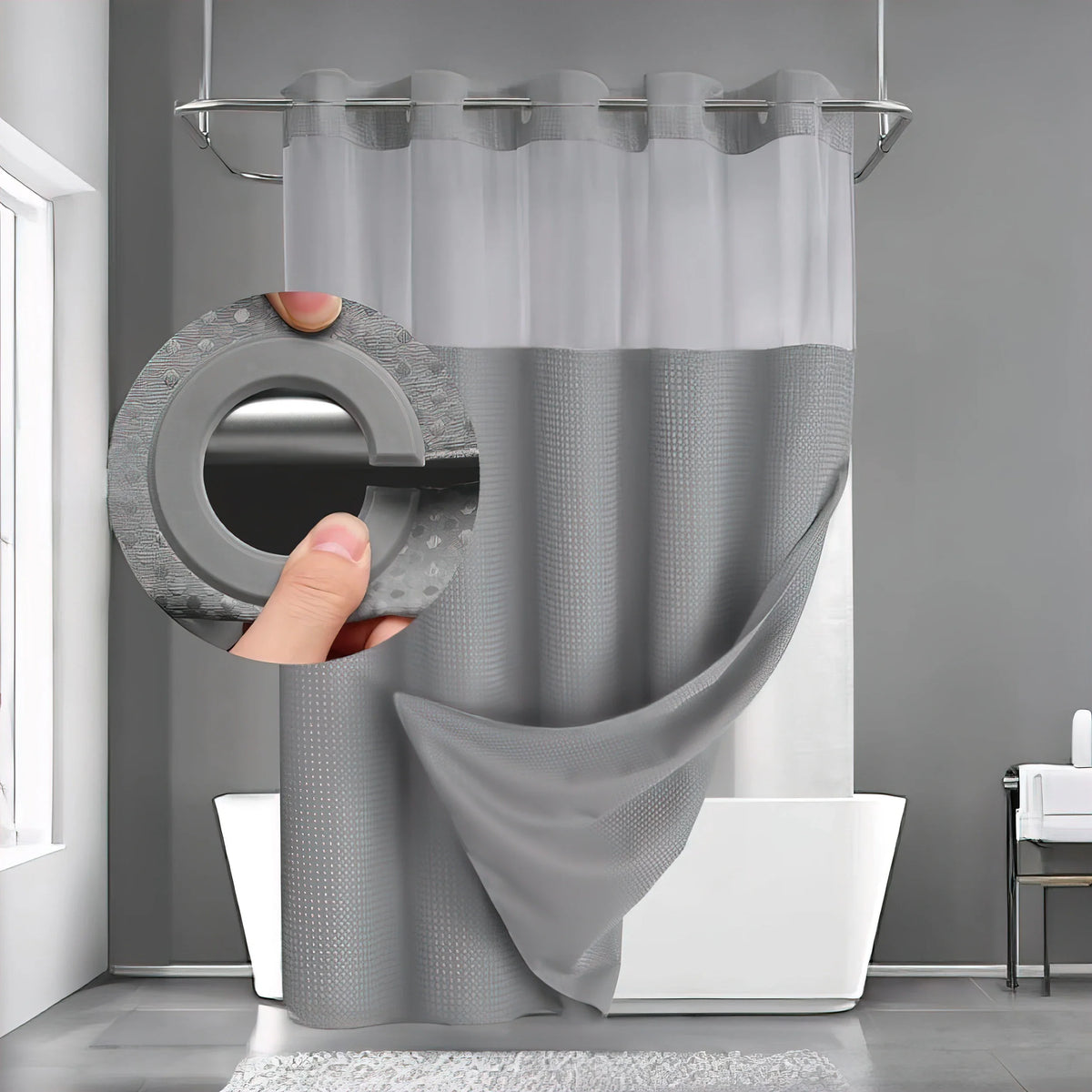 Douchegordijn zonder ringen polyester wafeldoek met ingebouwde liner badkamer waterdicht grijs wit modern | Sulvida