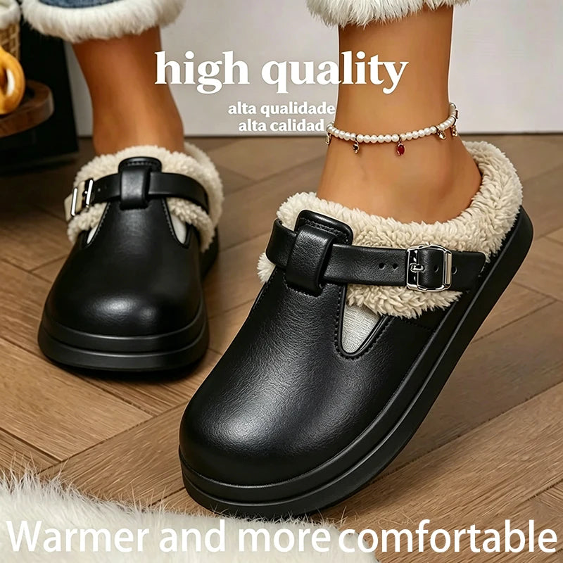 Chaussons chauds avec doublure en peluche et boucle métallique pour femme, pantoufles d’intérieur d’hiver antidérapantes et confortables | Sulvida