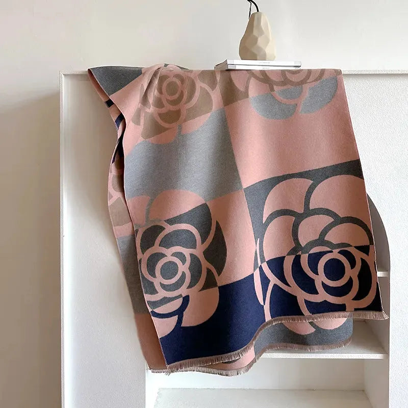 Dubbelzijdige Kasjmier Wintersjaal 185x65cm Bloemdesign Roze Oranje Grijs Dames Sjaal Warm Zacht Elegant | Sulvida