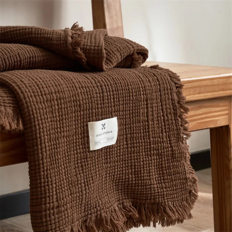 Zeslaags Katoenen Plaid met Franjes 130x170 en 200x230 Decoratief Woonplaid Mousseline Textiel Bankdeken | Sulvida
