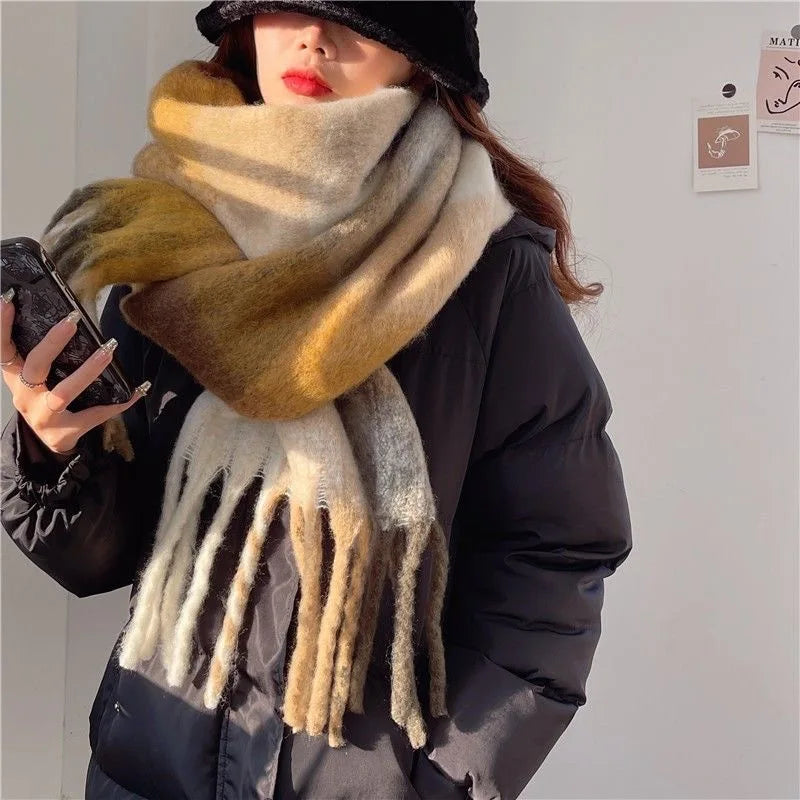 Grote Wintersjaal met Kleurverloop en Franjes - Zachte Geweven Omslagdoek in Wolmix-Look Dames 7 Kleuren | Sulvida