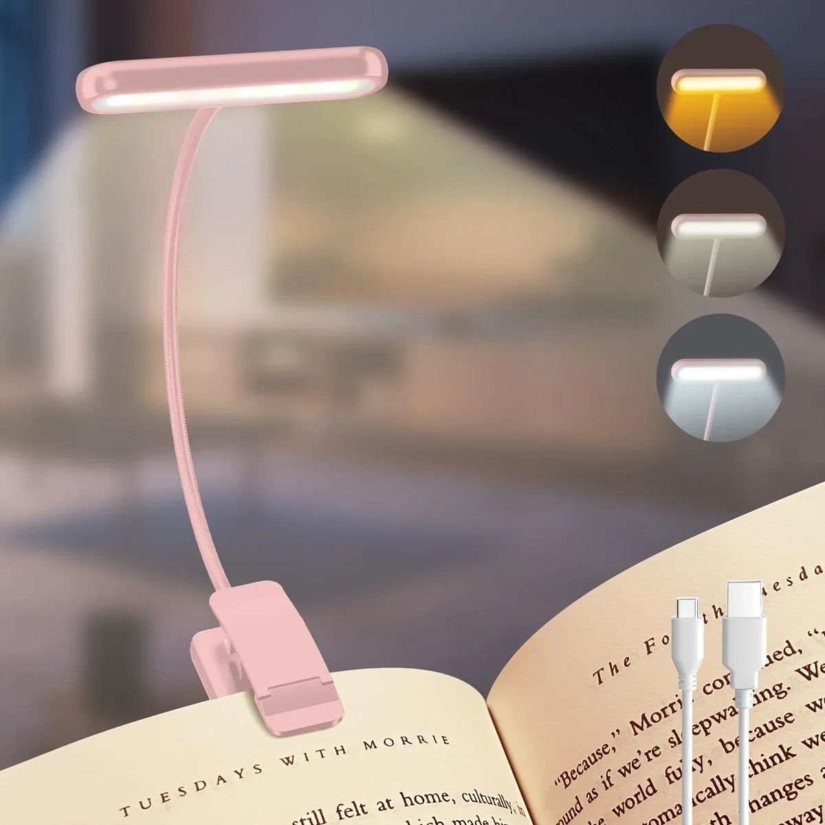 Leeslamp USB Oplaadbaar met Klem 3 Lichtkleuren Dimbaar Flexibele Leesverlichting Clip voor Boek Bureau Bed | Sulvida