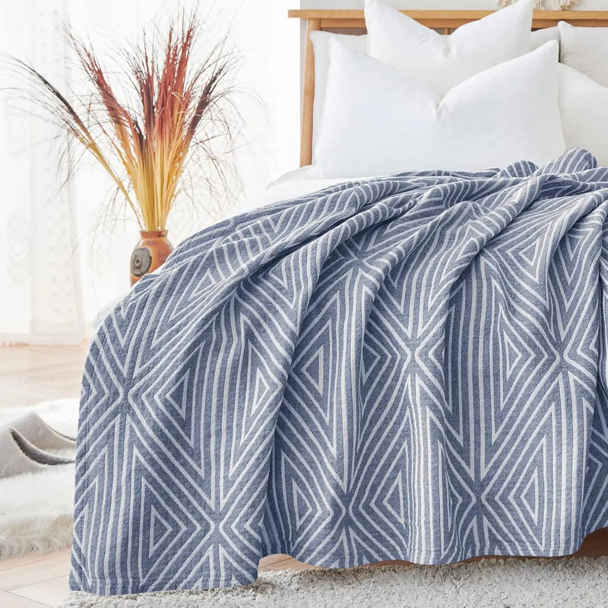 Katoenen Plaid met Geometrisch Patroon Drielaags Ademend Woonplaid Reversibel 150x200 Bank Deken Stijlvol | Sulvida