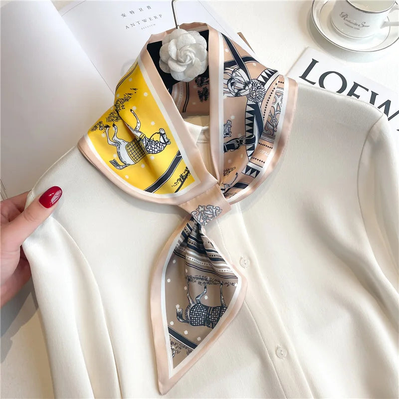 Foulard en satin pour femme à imprimé chevaux, écharpe étroite, bandana élégant, tour de cou, bandeau et bracelet, intemporel | Sulvida